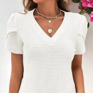 V Neck Petal Sleeve Waffle Knit T-Shirt
